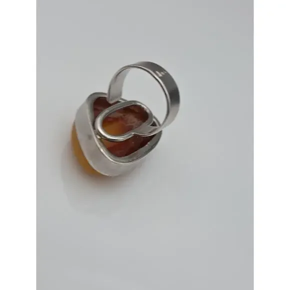 Vintage Sterling Silver 925 Egg Yolk Butterscotch Ring Amber Adjustable Size 9
